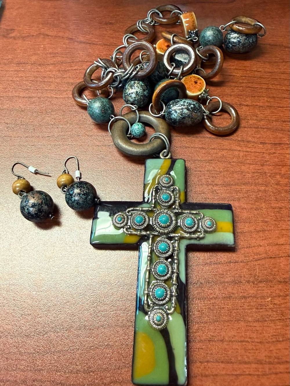 Southwestern Boho Resin Turquoise Cross Pendant Necklace and Earring Set